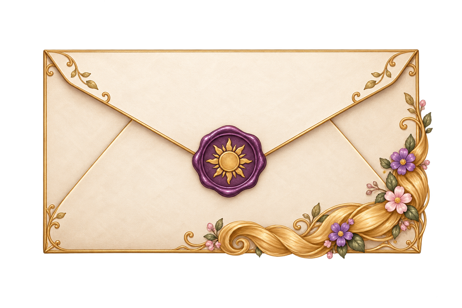A closed cream and gold envelope decorated with flowers and a golden braid